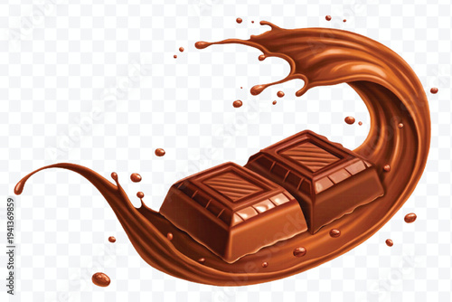 realistic 3d chocolate bar into liquid chocolate splash with bubbles in curve style isolated on transparent background