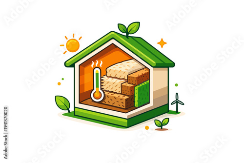 Green insulation solutions compact house cutaway revealing layers of natural fiber insulation, cork panels and plant-based materials, expressing energy