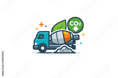Low carbon concrete innovation cement mixer icon combined with a leaf and CO2 reduction symbol, representing environmentally improved concrete mixes and