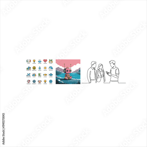 Three people discussing a boat on a lake with and a sunset background