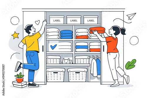 Organized Closet Space. Sliding wardrobe doors open to reveal symmetrical shelves, folded sweaters stacked in clean lines, storage boxes with simple labels.