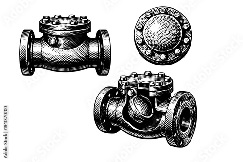 Check valve A cylindrical swing check valve with bolted cover presented in side profile, top view, and angled three-quarter position to reveal its internal