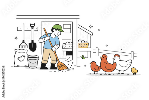Cleaning the Chicken Coop. A person sweeping inside a neat coop while chickens calmly wait outside, suggesting care and responsibility. Soft motion lines
