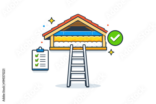 Attic insulation inspection ladder leading to a roof cross section where insulation layers are neatly arranged, with a small checklist and spark