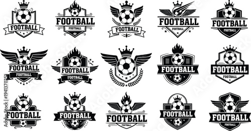 Set of vintage football and soccer club logos featuring balls with crowns wings and flames in black and white silhouette style.
