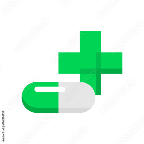 Green medicine capsule with cross plus medical icon flat vector design
