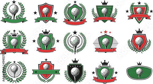 Set of vintage golf club logo emblems featuring golf balls on tees with laurel wreaths shields crowns and ribbons in green red and black.