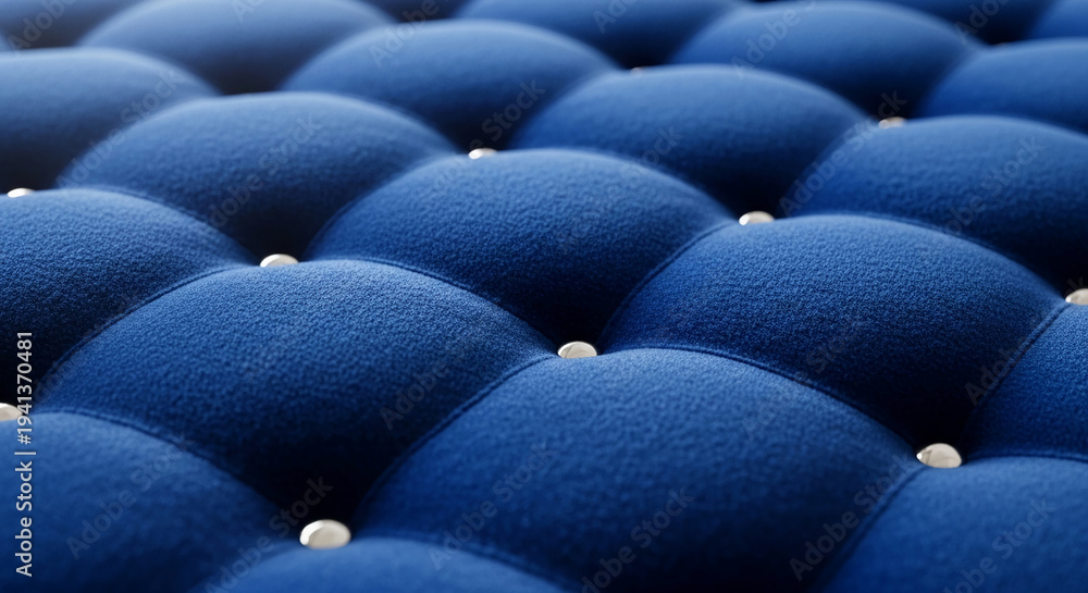 Obraz premium Close-up on quilted blue textile with stud detail. Suggests furniture upholstery, a padded headboard, or tailored clothing, representing luxury and elegance