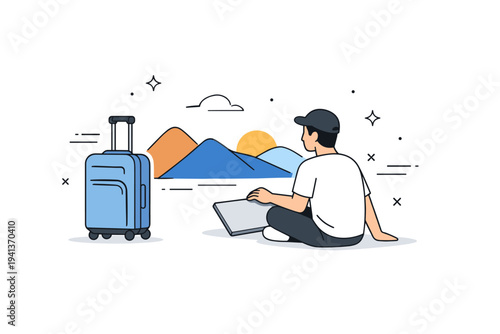 Balancing Work and Travel. A digital nomad closing a laptop while looking at a simple abstract mountain landscape, suitcase standing upright nearby. Relaxed