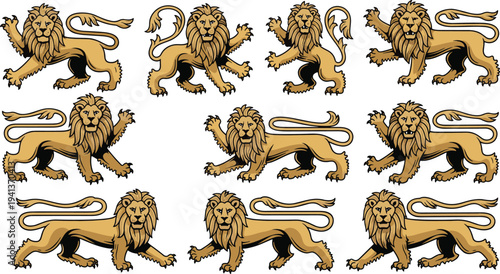 Set of vintage heraldic gold lion silhouettes in various standing and walking poses for royal coat of arms and luxury branding design.