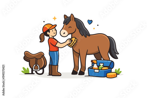 Horse grooming and care rider brushing a horse beside a small saddle and care kit, highlighting responsibility and daily stable routine. The illustration