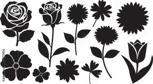 Black silhouettes of various flowers on white background illustration
