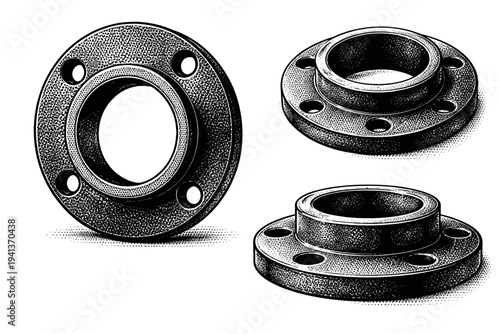Cast iron pipe flange A heavy cast iron pipe flange with evenly spaced bolt holes and a central circular opening constructed with precise mechanical
