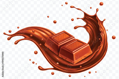 realistic 3d chocolate bar into liquid chocolate splash with bubbles in curve style isolated on transparent background