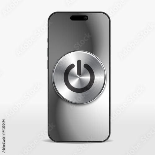 smartphone_Power_9Mar20263D Smartphone with Metallic Power Button Icon on Screen – Mobile Phone On Off Symbol, Digital Device Startup Shutdown Control, Technology UI Power Switch Vector Illustration