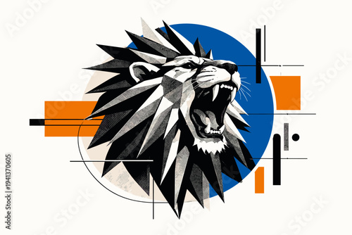 Black and white retro photograph of a roaring lion head reconstructed from bold geometric shapes, mane formed by sharp triangles and semicircles radiating