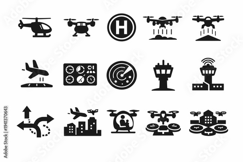 Aerial Transport. Solid icon set of Aerial Transport: helicopter transport, air taxi, helipad symbol, vertical takeoff, landing approach, flight control panel,