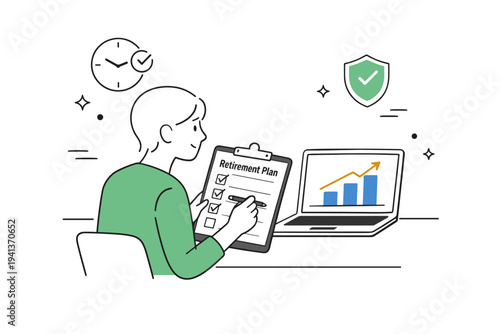 Tracking Retirement Goals. A person marking a checklist titled ?Retirement Plan? while glancing at a small chart on a laptop screen. Organized and confident