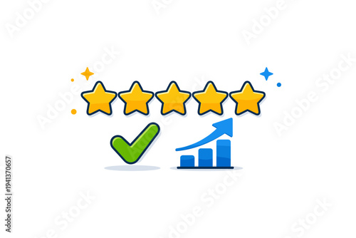 Online review stars highlighting consistent quality and high performance. A friendly symbolic composition where evenly filled stars form a clear badge of