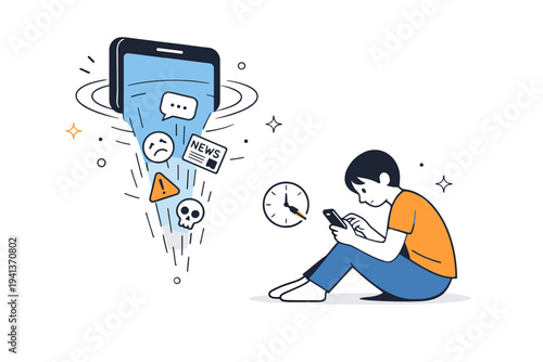 Doomscrolling addiction. Smartphone acting like a gravity source pulling content downward as the person keeps scrolling. Abstract representation of habit,