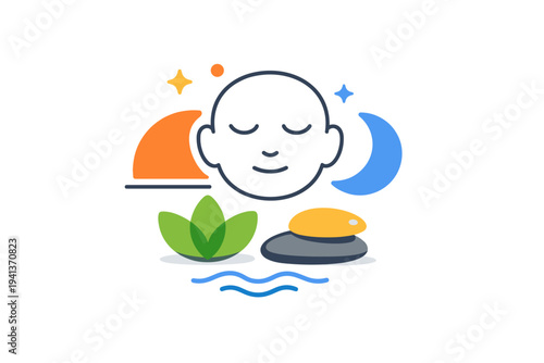 Mental wellness tracker centered on emotional balance and inner calm. A gentle symbolic composition using abstract shapes, soft facial cues, and