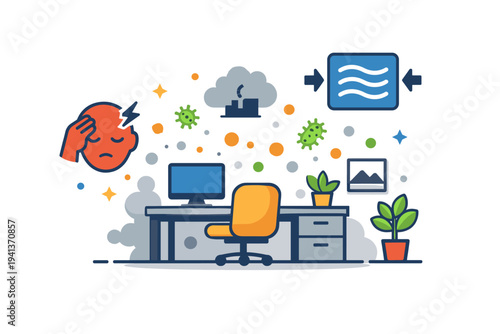 Indoor air quality problem visualized through an office room filled with abstract particles and a ventilation symbol, conveying hidden pollutants, headaches,