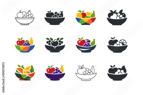 fruit bowl. Icon set. Set Logo of fruit bowl: assorted fruits in bowl. harmonious logo variations of the same emblematic concept, each with different artistic