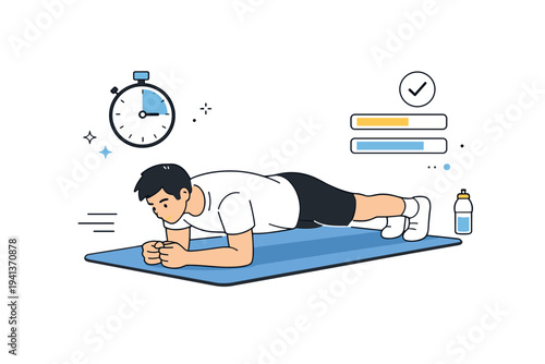 Gym workout focus. A person performing a basic strength exercise on a mat, with minimal gym icons like timer and progress bars floating around. The mood is