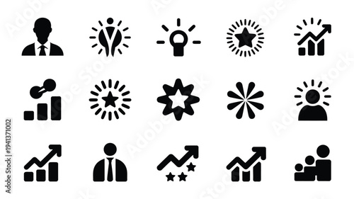 Business innovation leadership icons set black silhouettes on white background symbolizing growth and success