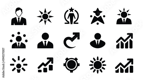 Business innovation leadership icons set black silhouettes on white background symbolizing growth and success