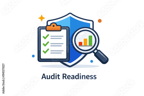 Compliance officer checklist shield highlighting audit readiness, combining checklist marks, a magnifying glass and a shield to communicate inspection,