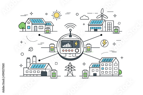 Smart energy grid. Buildings connected to a central hub with clean lines, solar roofs, and small storage units. An organized editorial illustration showing