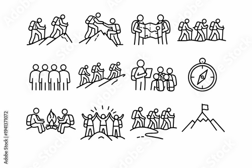 Hiking Team Adventure. Line icon set of Hiking Team Adventure: mountain hikers, teamwork climb, shared route map, trail teamwork, group silhouette, ridge
