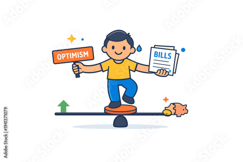 Economic anxiety coping joke shown as a character balancing optimism and bills, symbolizing collective resilience and self aware humor about