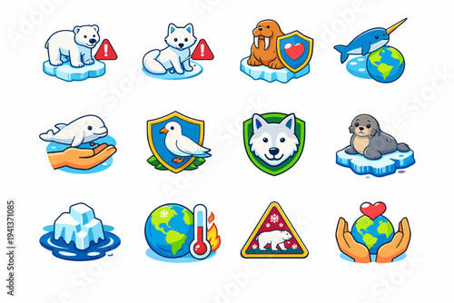 Endangered Arctic species. Colorful isometric vector icons set of Endangered Arctic species: polar bear alert, arctic fox warning, walrus protection, narwhal