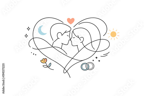 Timeless love narrative. An abstract romantic scene with intertwined lines and symbols forming a heart-like composition, representing enduring love. The mood