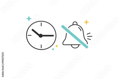 Quiet time indicator. A wall or app-style icon combining a clock and muted bell, symbolizing intentional rest or concentration. Friendly and reassuring tone.