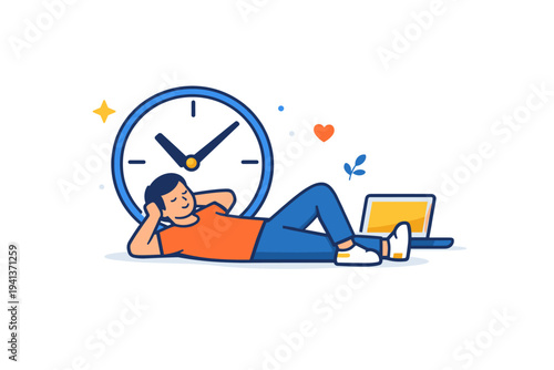 Anti hustle movement promoting a slower and more balanced approach to work, with a relaxed figure resting beside a clock and laptop to express calm,