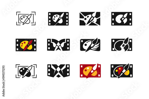 Art in film and visual media. Icon set. Set Logo of Art in film and visual media: cinematic camera frame. harmonious logo variations of the same emblematic