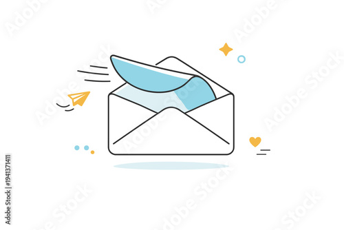 Envelope flap in motion. A minimal scene showing an envelope flap mid-movement, suggested by gentle curves and motion cues. Feeling of action, delivery, and