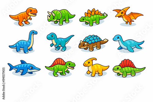 Prehistoric Animals. Colorful isometric vector icons set of prehistoric animals: tyrannosaurus rex, triceratops, stegosaurus, pterodactyl, brachiosaurus,