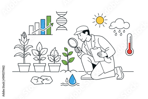 Adaptive crop research. Scientist examining plants with varied leaf shapes, data charts and weather symbols hovering nearby. A clean scene showing science,