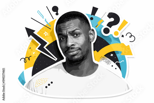 A dynamic graphic collage of a black and white man reacting with a raised eyebrow, intersected by semicircles, arrows and abstract symbols suggesting surprise