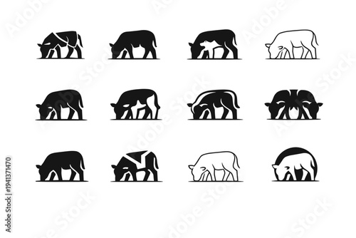 young calf grazing. Icon set. Set Logo of young calf grazing: grazing pose outline. harmonious logo variations of the same emblematic concept, each with