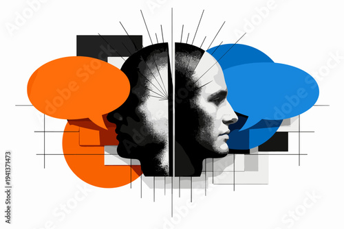 Surreal composition with a black and white human head split vertically into two halves facing opposite directions, contrasting orange and blue speech bubbles