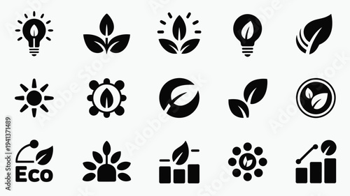 Eco friendly startup innovation logos with leaf and lightbulb symbols on gray background