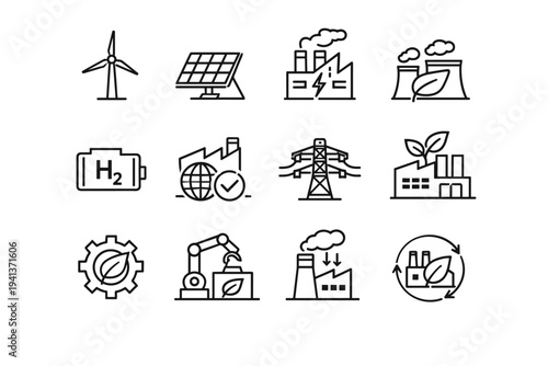 Low-Carbon Industries. Line icon set of Low-Carbon Industries: wind turbine, solar panel, electric factory, green energy plant, hydrogen fuel cell, carbon