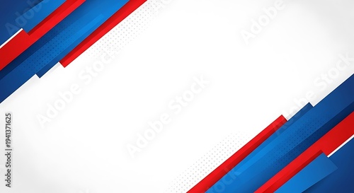 Abstract design features diagonal red and blue stripes with white background and subtle dot pattern
