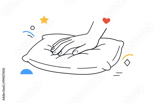 Relaxation moment. Pillow gently compressing under a resting hand, sense of softness and relief. Minimal lines and abstract shapes emphasize tactile comfort.