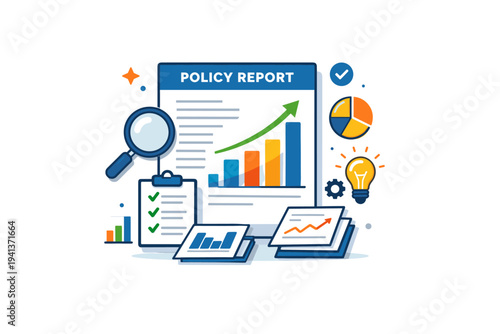 Policy analyst document graph centered on a structured report page with a clear upward graph, expressing evidence-based decision-making and analytical clarity